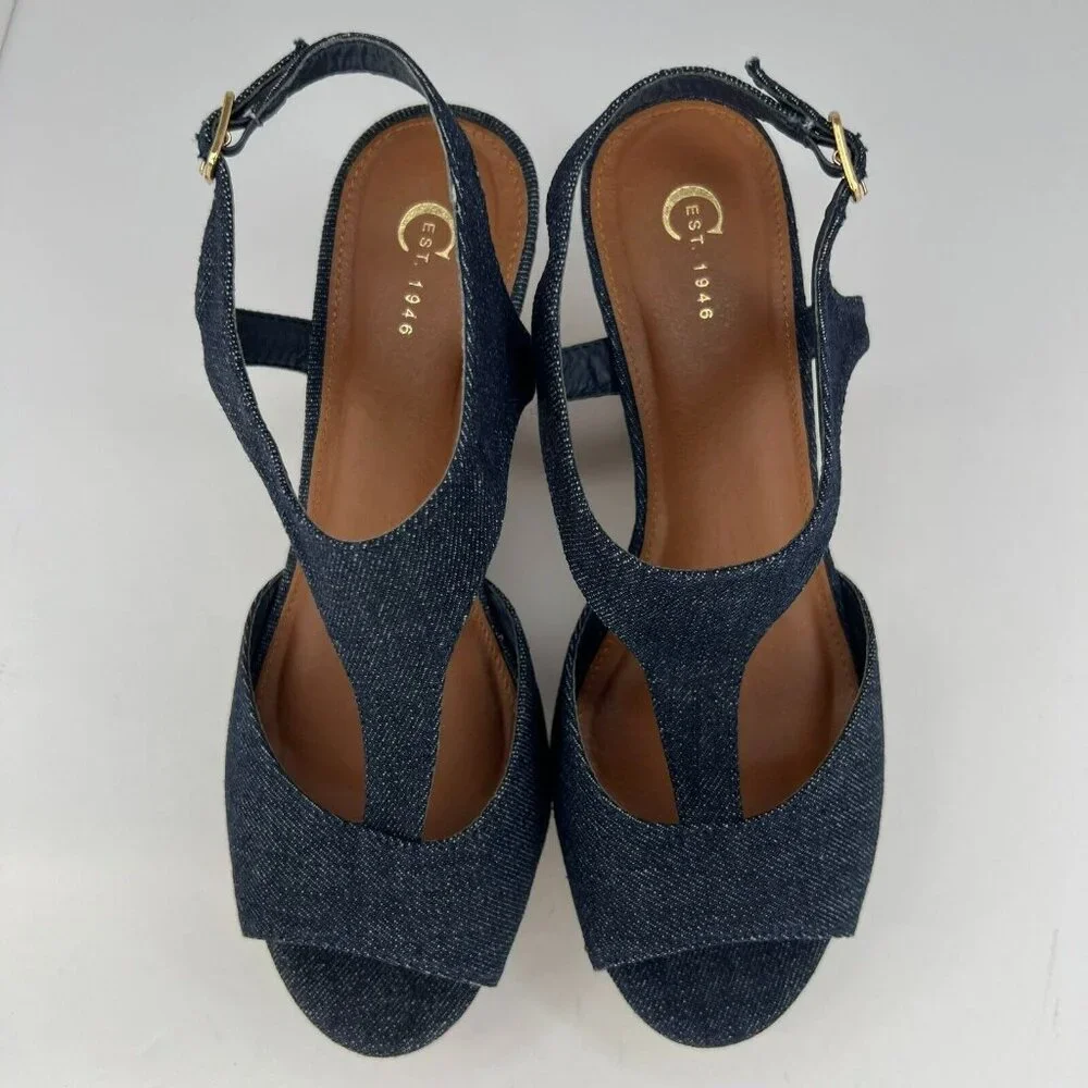 C Est. 1946 Womens 42621128 Blue Adjustable Denim Wedge Size 9W Strappy Sandals